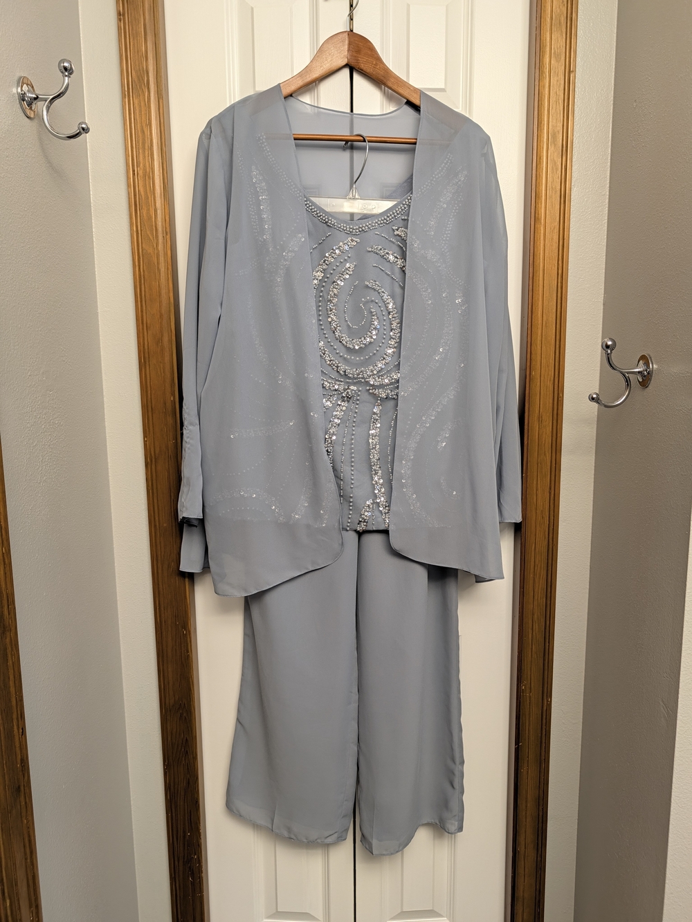 Women’s Light Blue Beaded Pantsuit - Elegant Evening Ensemble Size 14